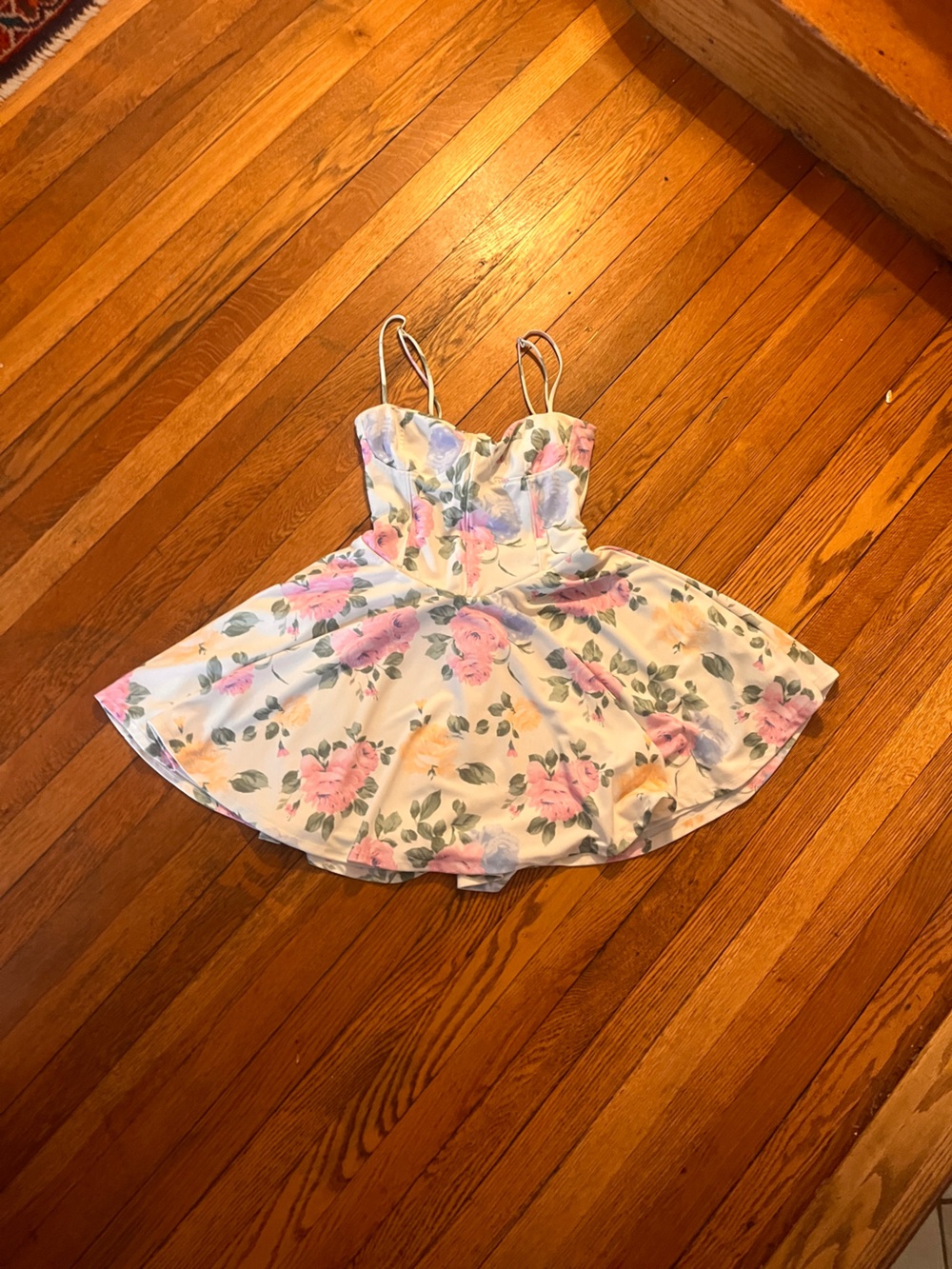 Zara White Spaghetti-Strap Floral Dress Top with Pink & Yellow Flowers